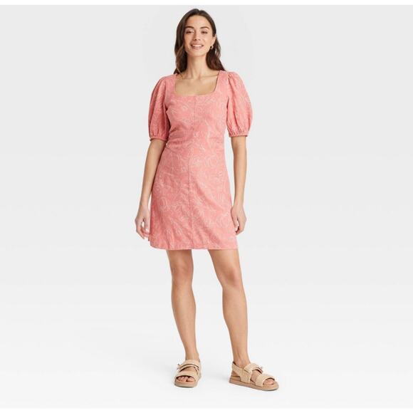 A New Day Womens Pink Floral Linen Blend Short Puff Sleeve Mini Sundress Size 8 - Picture 1 of 10